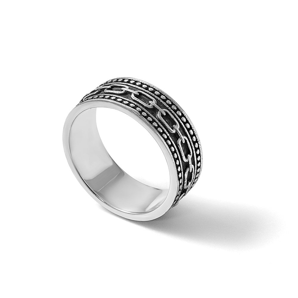 Sterling Silver Polished Beaded Antiqued Chain Link Band Size 9 Mens Ring