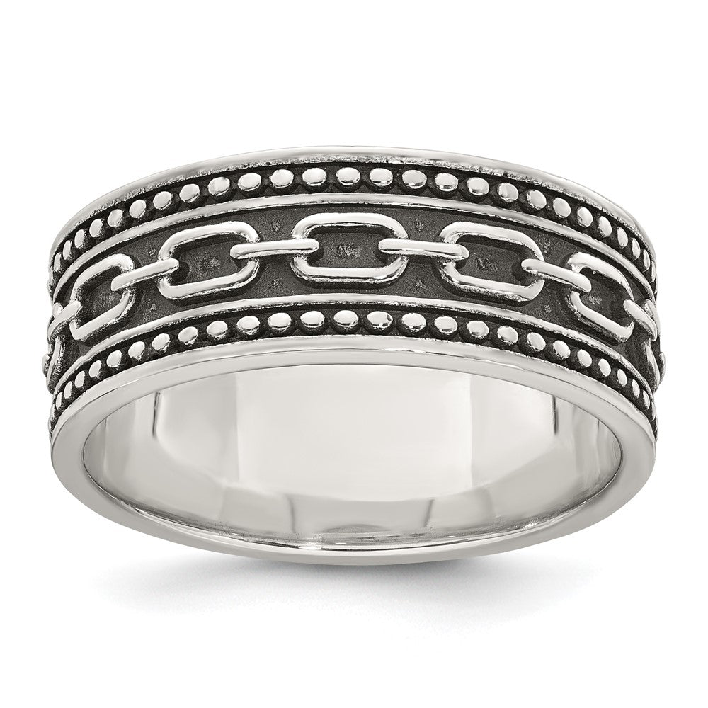 Sterling Silver Polished Beaded Antiqued Chain Link Band Size 11 Mens Ring