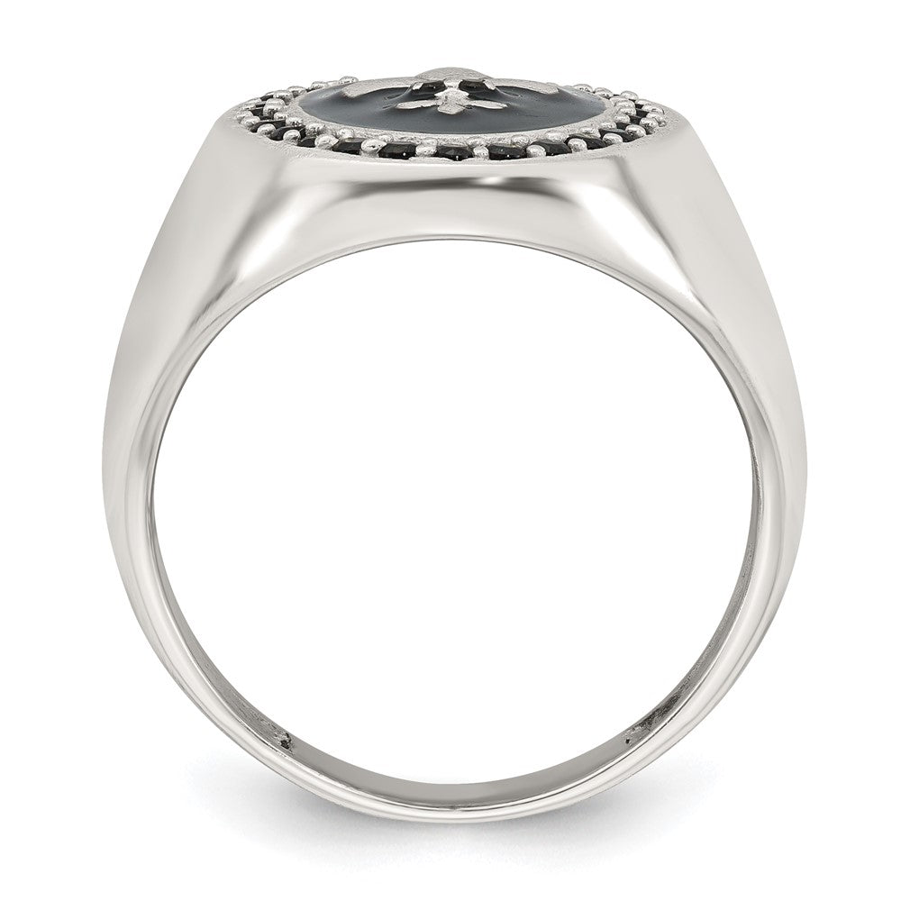 Sterling Silver Polished Fleur de Lis Black Enameled and Black Nano Crystals Size 10 Mens Signet Ring