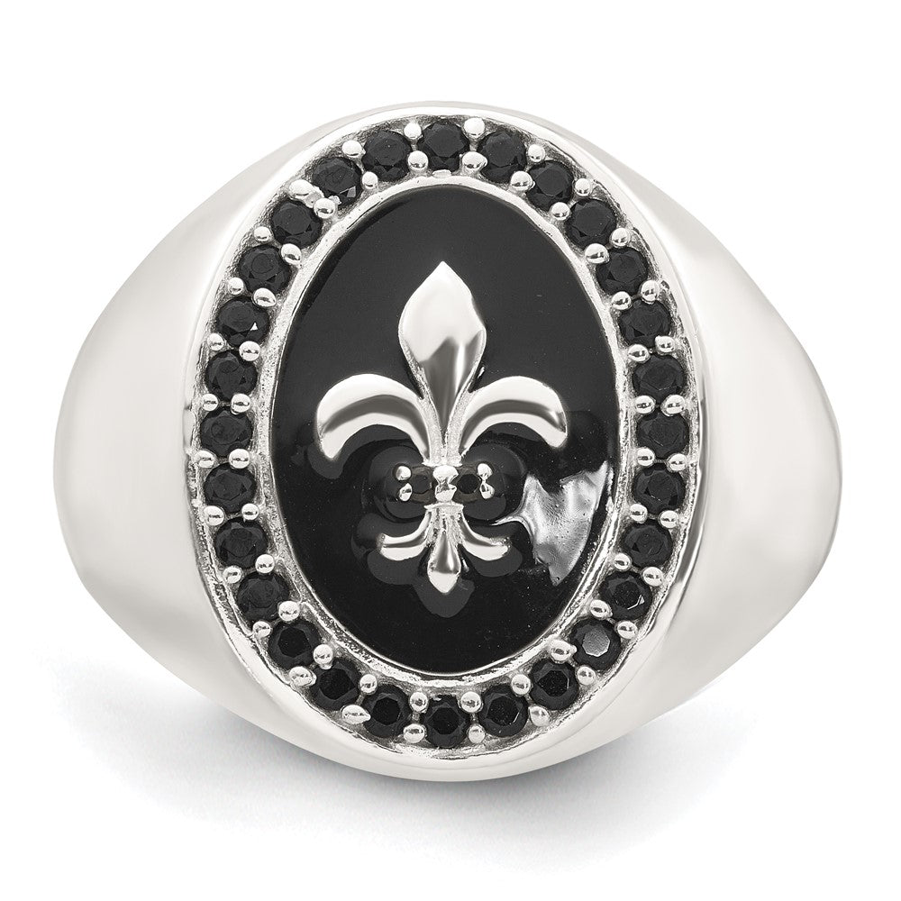 Sterling Silver Polished Fleur de Lis Black Enameled and Black Nano Crystals Size 9 Mens Signet Ring