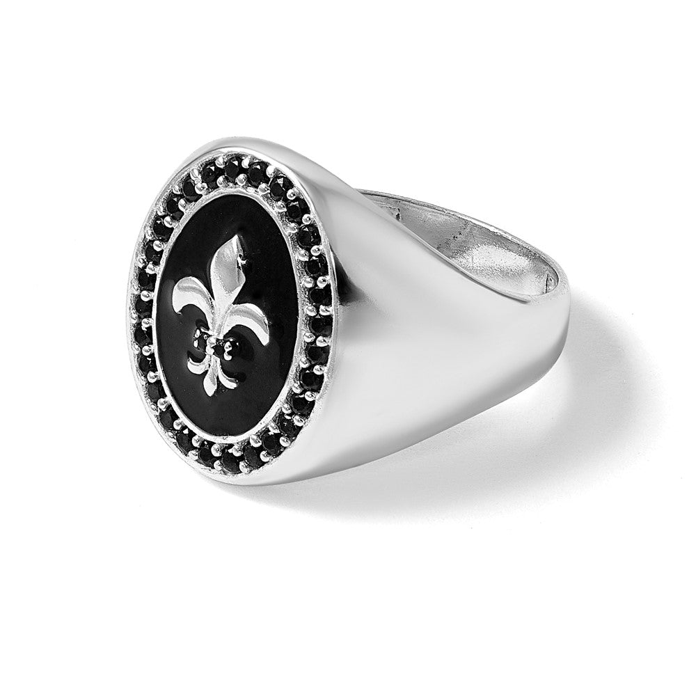 Sterling Silver Polished Fleur de Lis Black Enameled and Black Nano Crystals Size 11 Mens Signet Ring
