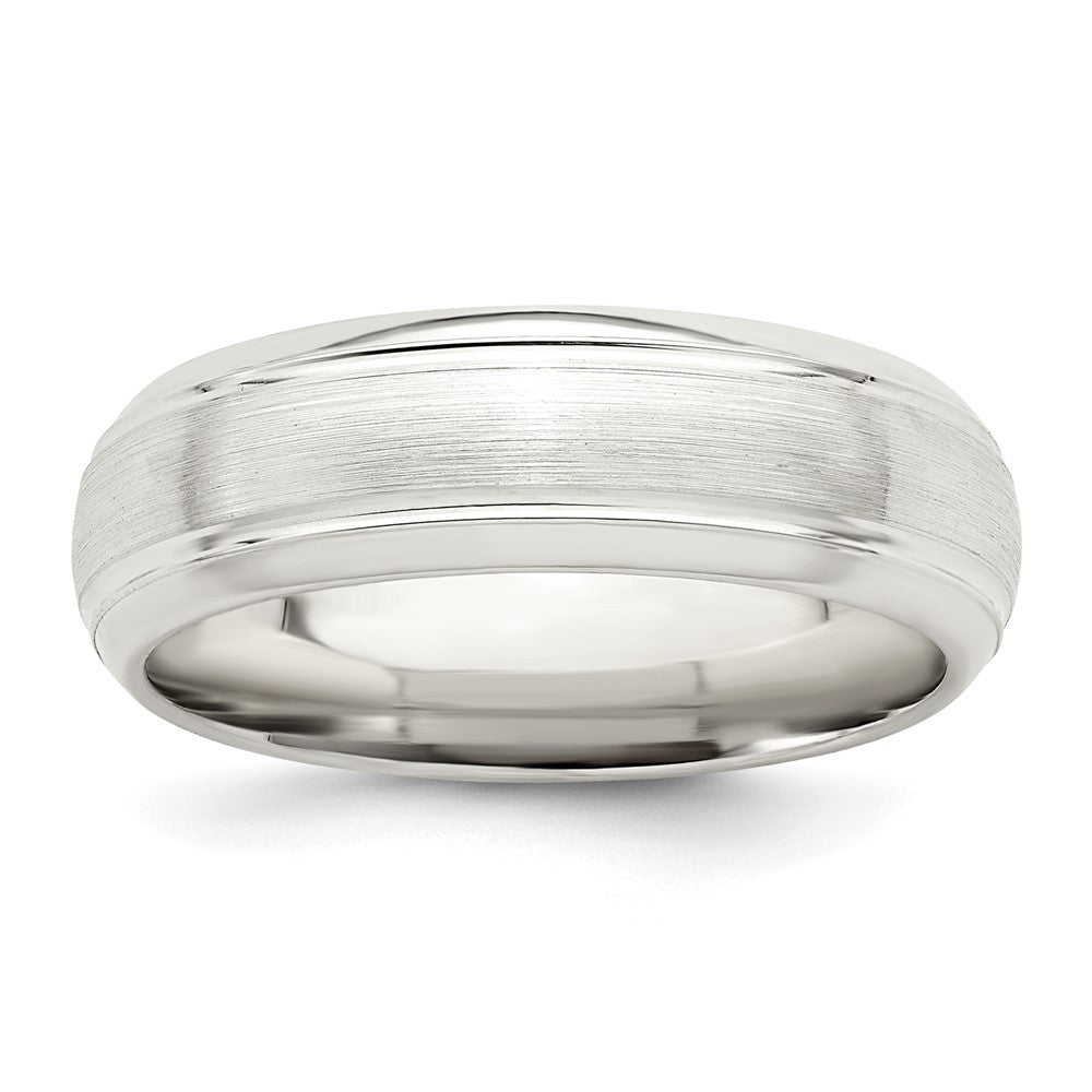 Engravable;Comfort fit;Sterling silver case;Brushed;Beveled Edge