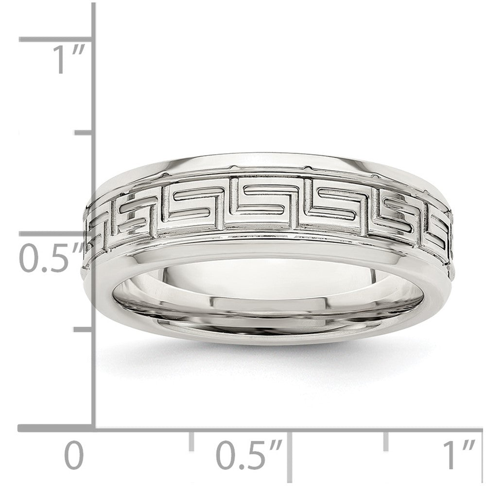 Sterling Silver 6mm Polished Flat Greek Key Design Beveled Edge Fancy Band Size 10.5