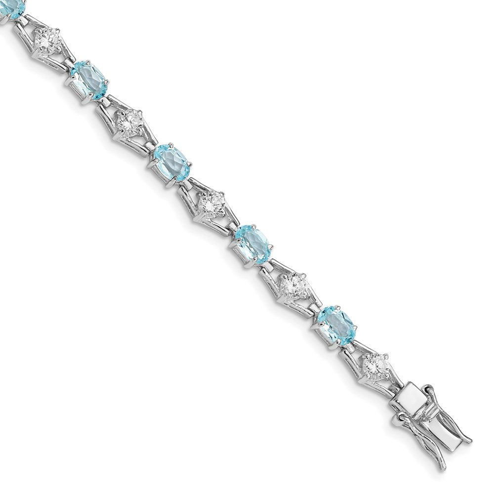 Polished;Sterling silver;Blue topaz;CZ;Box catch;Rhodium-plated