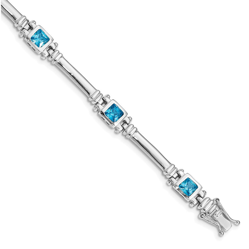 Polished;Sterling silver;Safety bar;Blue topaz;Box catch;5 stones