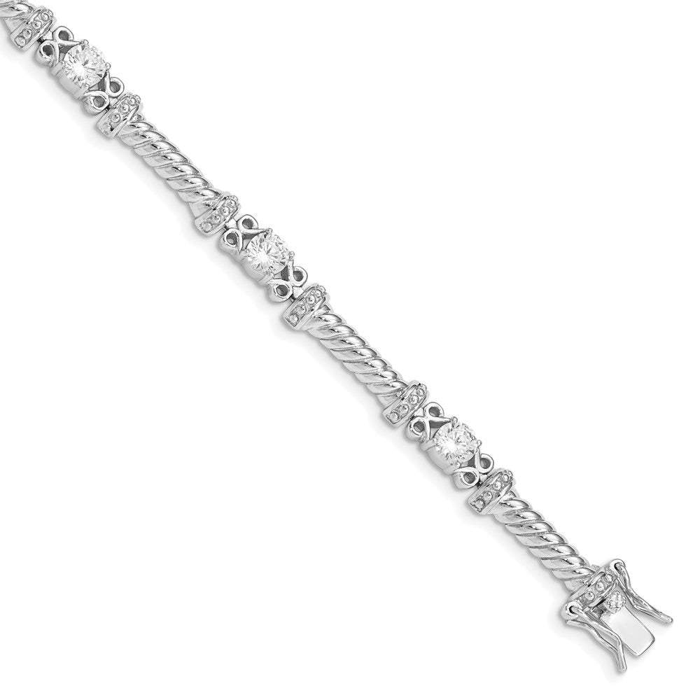Solid;Polished;Open back;Sterling silver;CZ;Safety clasp;Box catch;Rhodium-plated