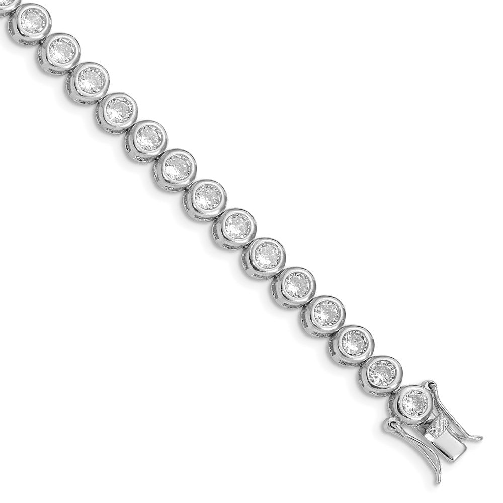 Casted;Polished;Open back;Sterling silver;Safety bar;CZ;Box catch;Rhodium-plated
