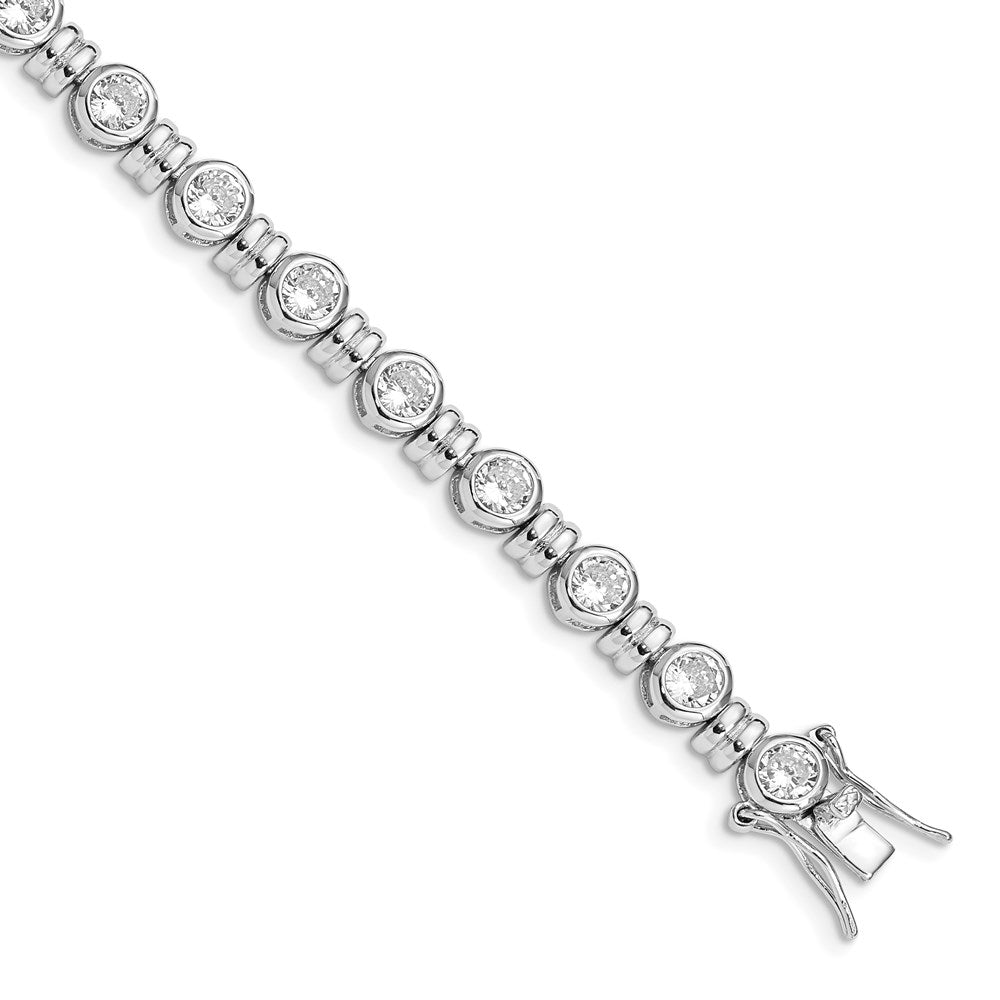 Casted;Polished;Open back;Sterling silver;Safety bar;CZ;Box catch;Rhodium-plated