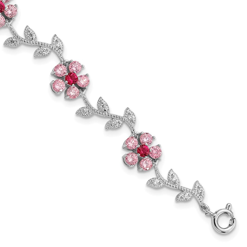 Polished;Spring Ring;Sterling silver;CZ;Rhodium-plated;Flower;Pink CZ