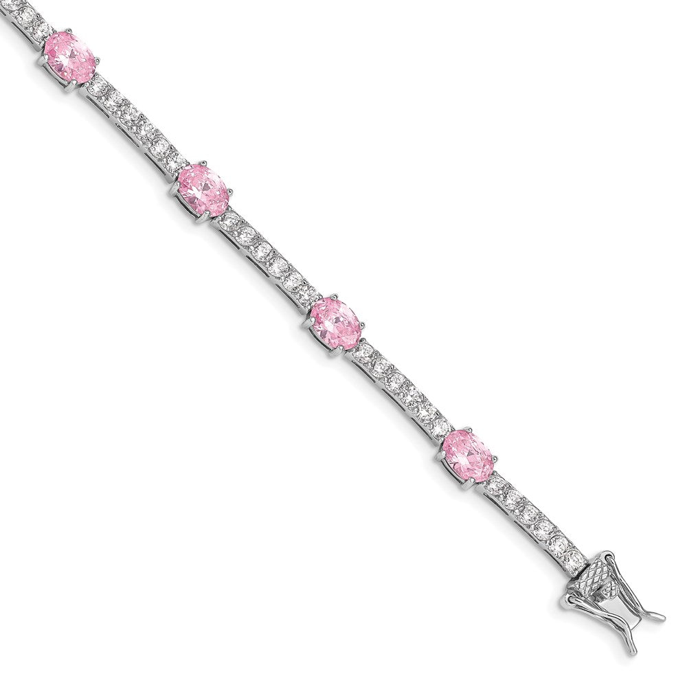 Polished;Sterling silver;Safety bar;CZ;Box catch;Rhodium-plated;Pink CZ