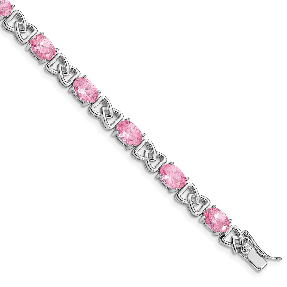 Polished;Box;Sterling silver;Safety bar;Rhodium-plated;Pink CZ