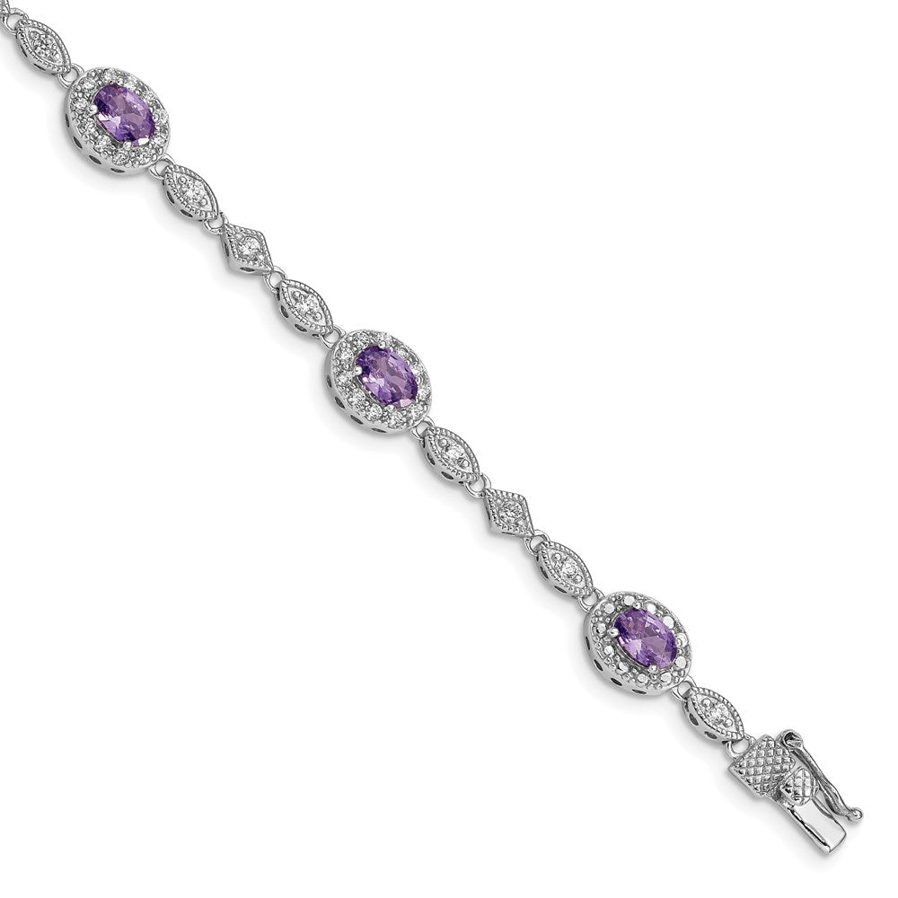 Diamond-cut;Polished;Open back;Sterling silver;CZ;Box catch;Rhodium-plated;Purple