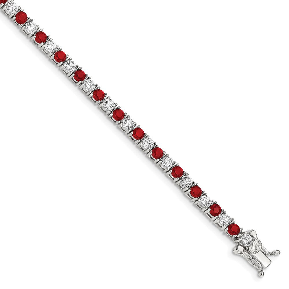 Polished;Sterling silver;Safety bar;CZ;Box catch;Red CZ