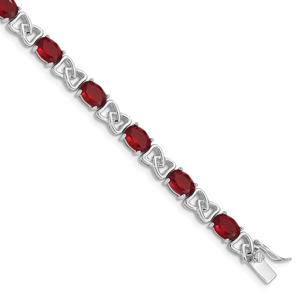 Polished;Sterling silver;Safety clasp;Box catch;Rhodium-plated;Red CZ