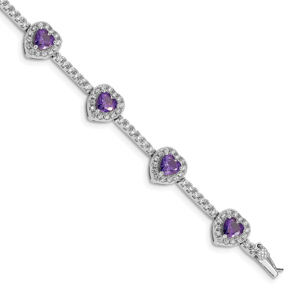Polished;Sterling silver;Safety bar;Amethyst;CZ;Box catch;Rhodium-plated