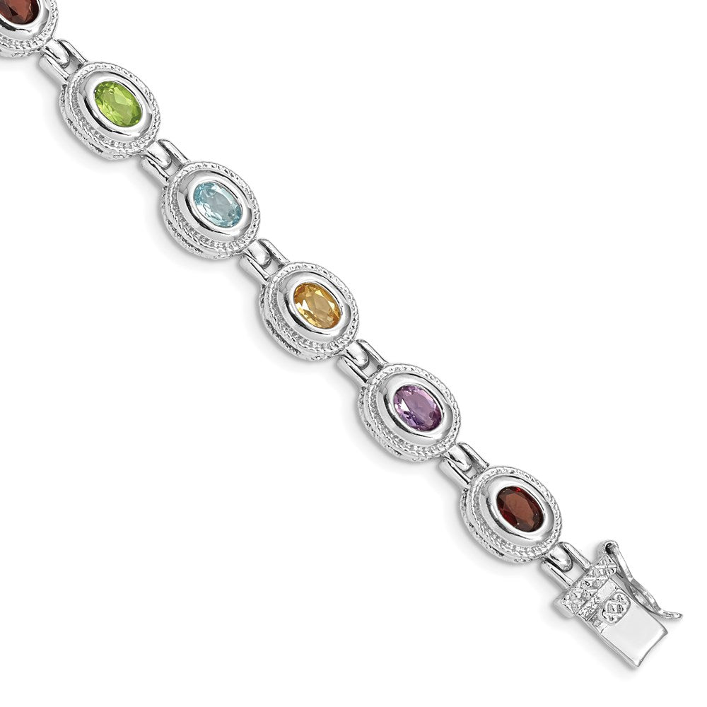 Polished;Open back;Genuine;Sterling silver;Safety bar;Amethyst;Blue topaz;Citrine;Garnet;Peridot;Box catch;Rhodium-plated;Multi-colored