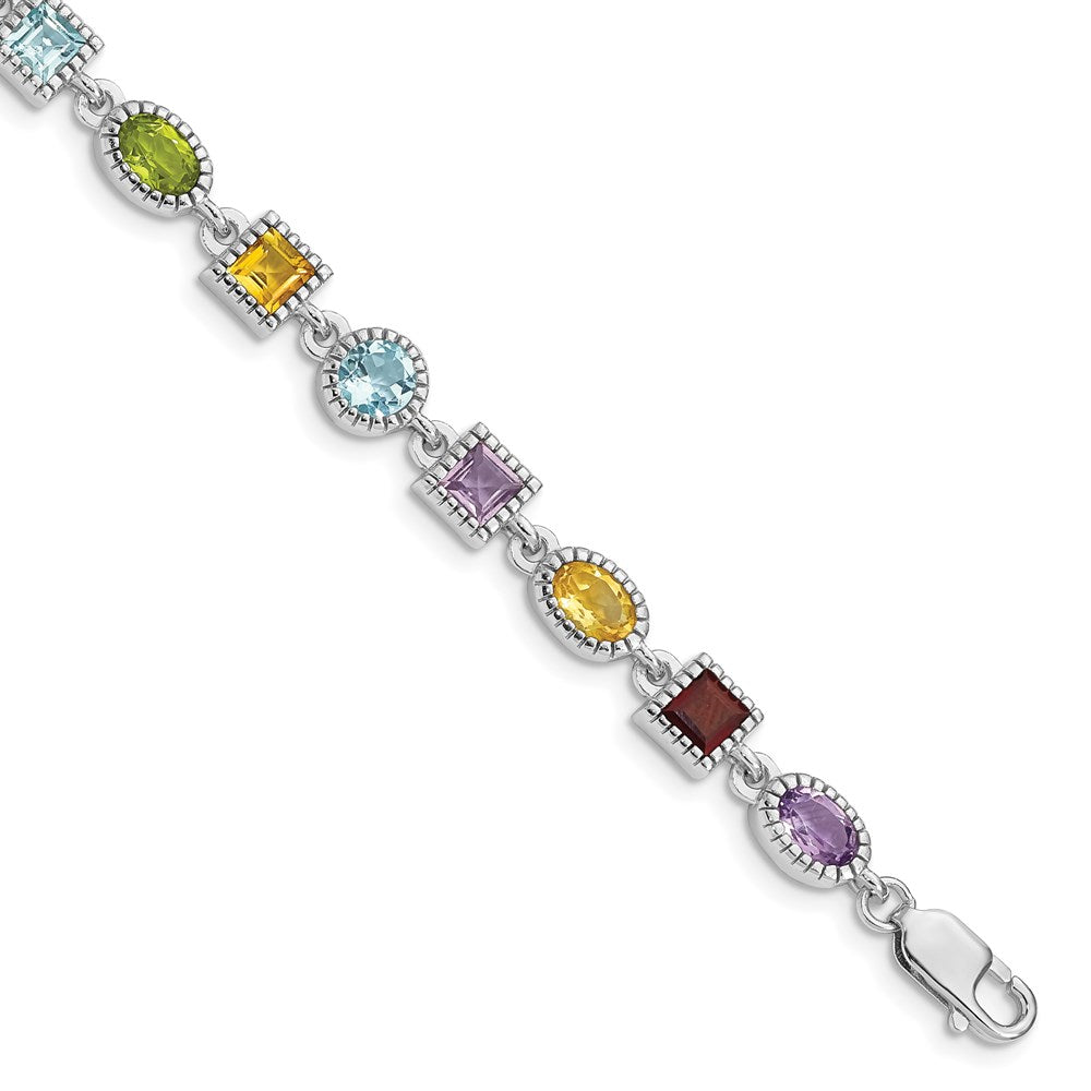 Polished;Open back;Genuine;Sterling silver;Amethyst;Blue topaz;Citrine;Garnet;Peridot;Box catch;Rhodium-plated;Multi-colored