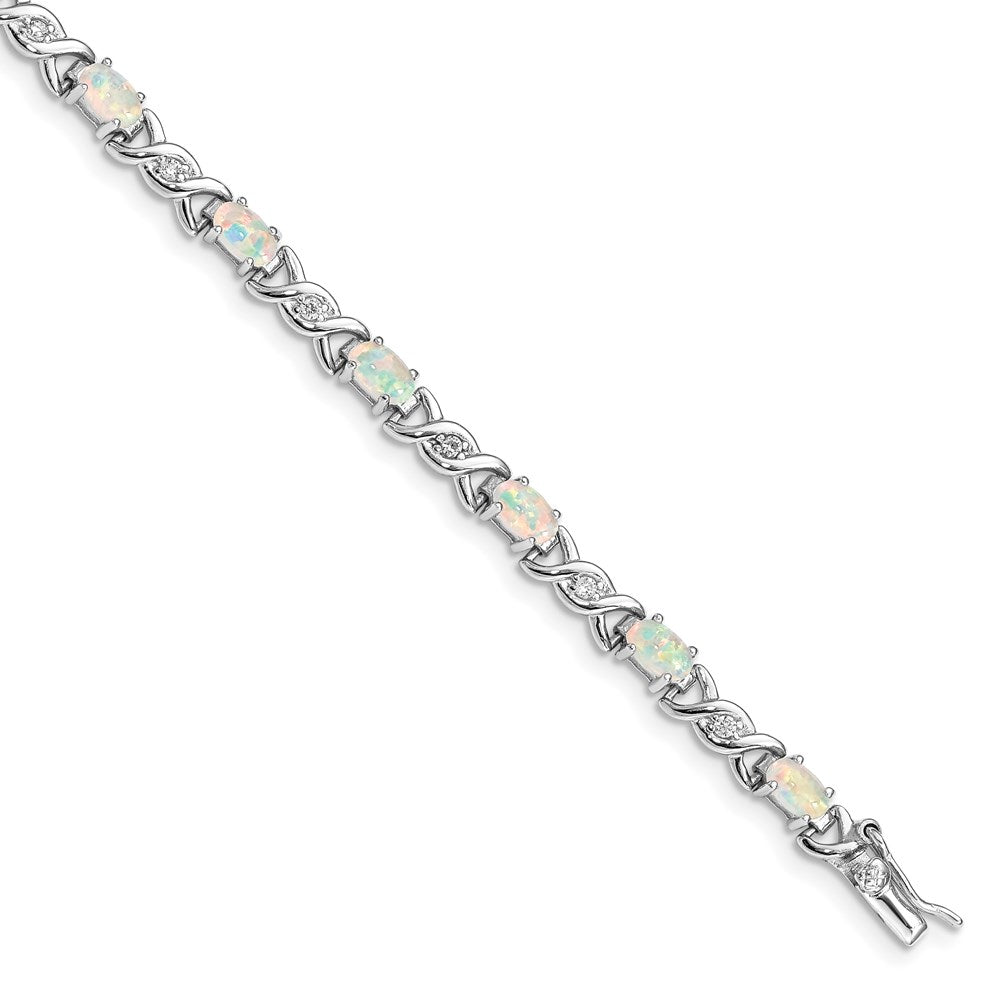 Polished;Sterling silver;Safety bar;CZ;Box catch;Created opal;Rhodium-plated
