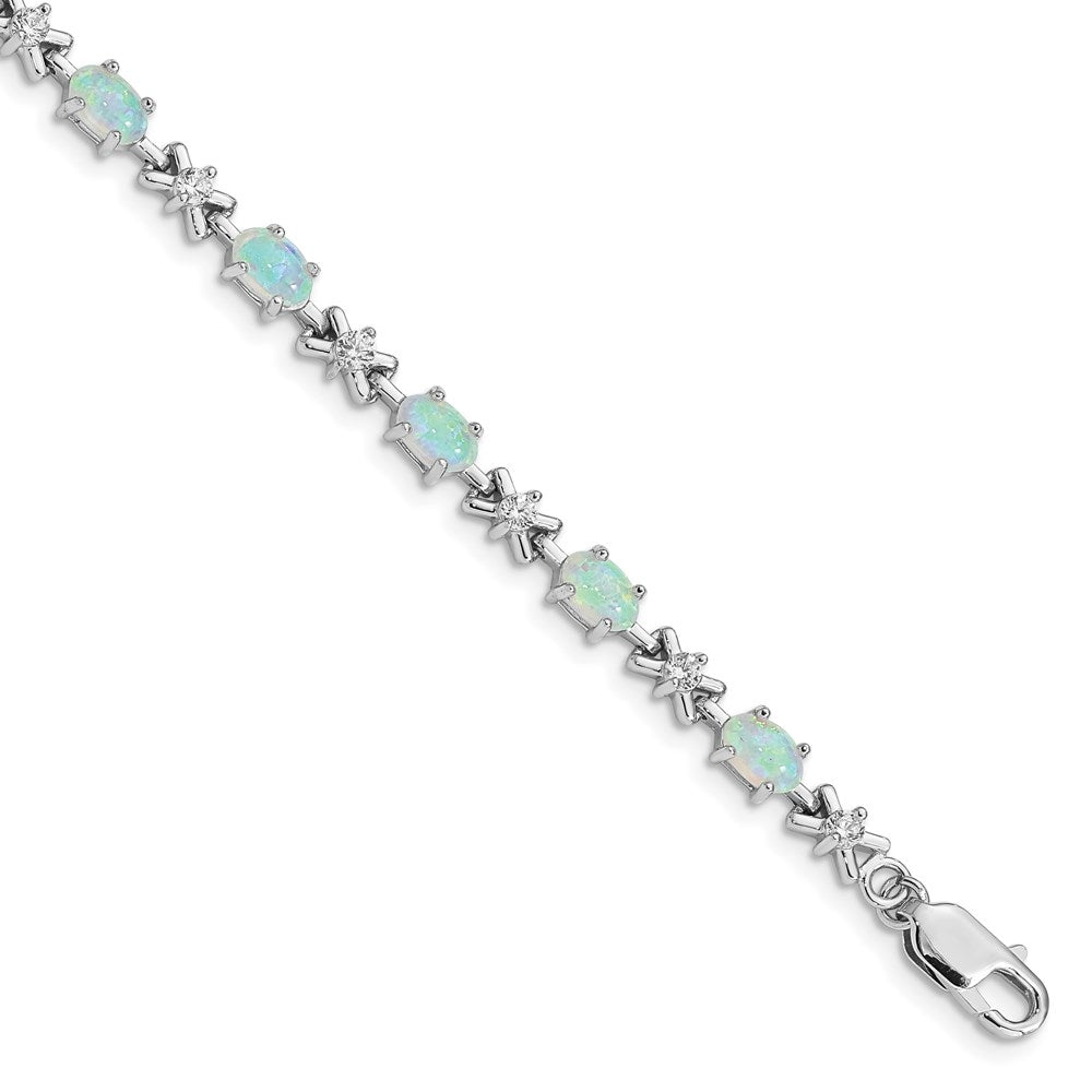 Polished;Sterling silver;Safety bar;CZ;Box catch;Created opal;Rhodium-plated
