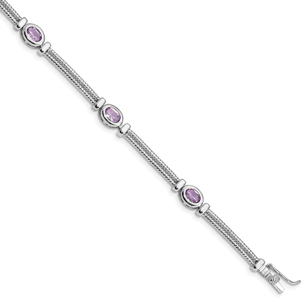 Polished;Sterling silver;Amethyst;Box catch;Textured;Rhodium-plated