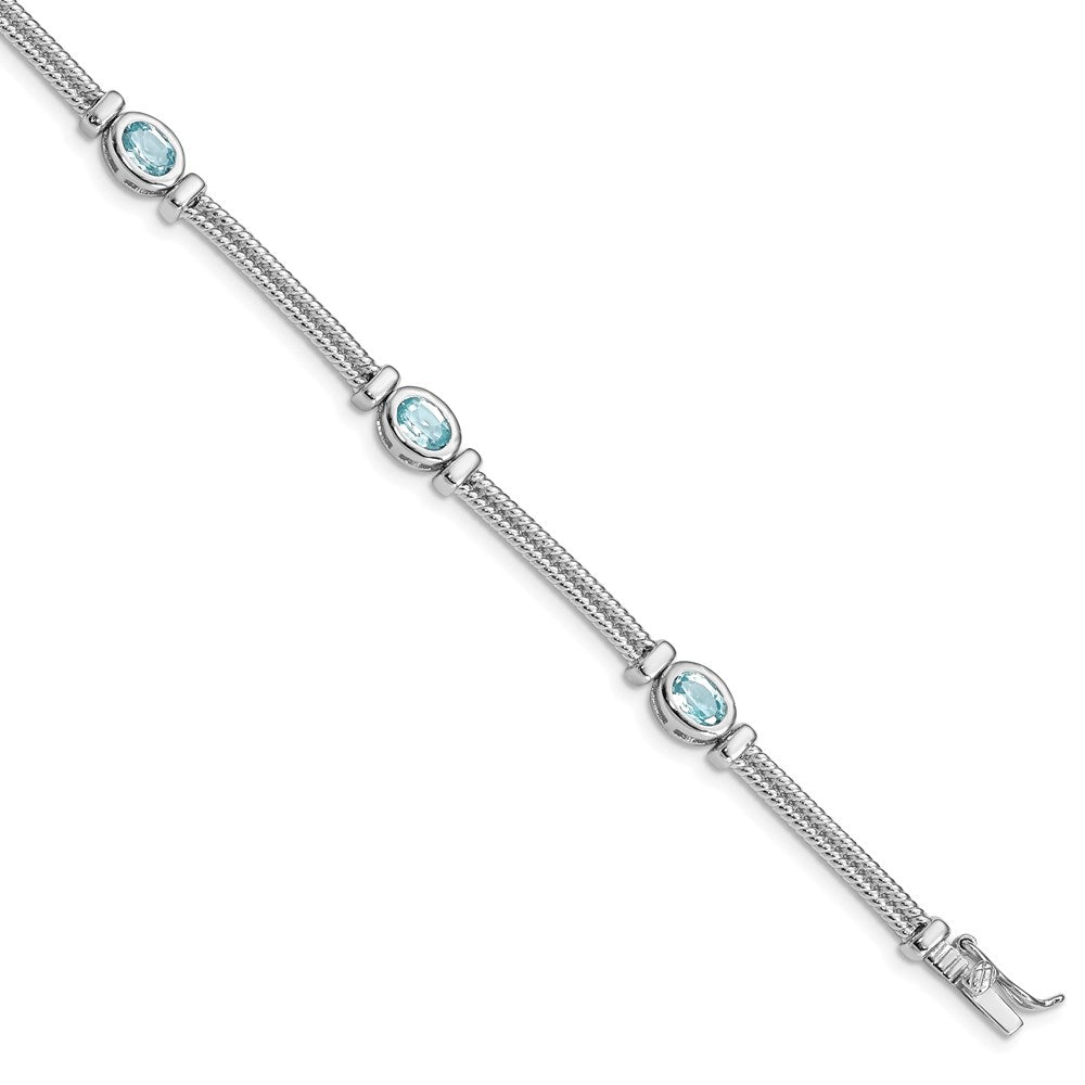 Polished;Sterling silver;Blue topaz;Box catch;Textured;Rhodium-plated