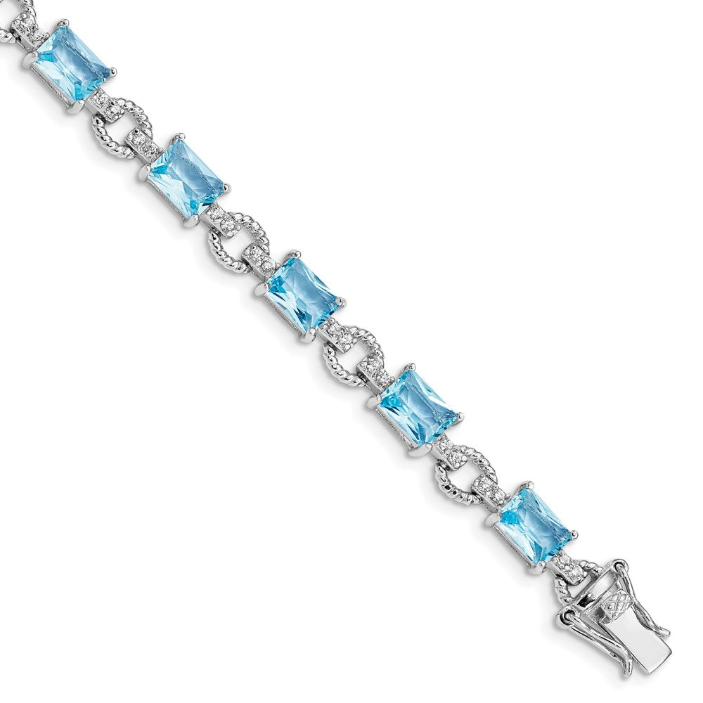 Polished;Open back;Sterling silver;Safety bar;CZ;Box catch;Textured;Rhodium-plated;11 stones;Blue CZ