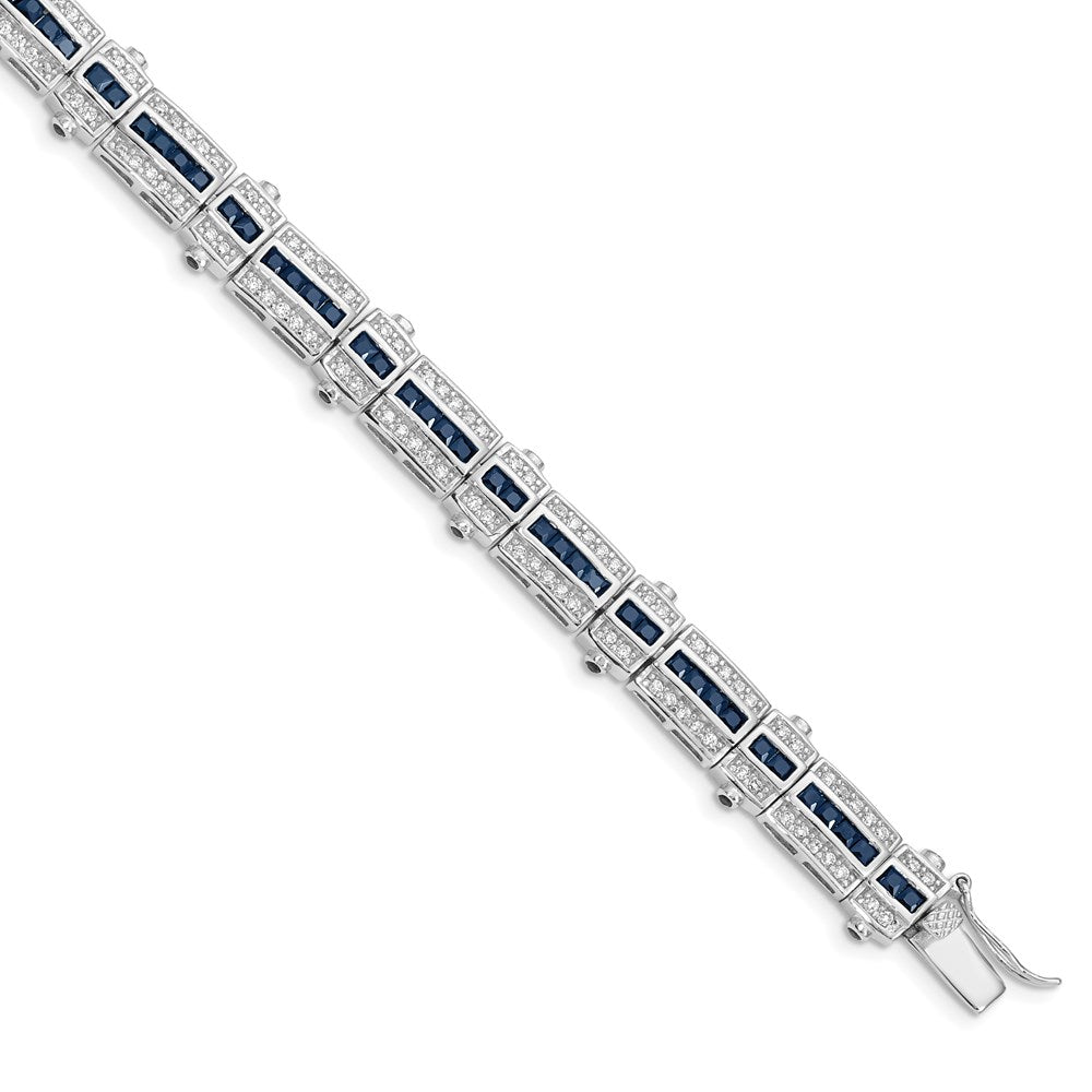 Polished;Sterling silver;CZ;Sapphire;Box catch;Rhodium-plated