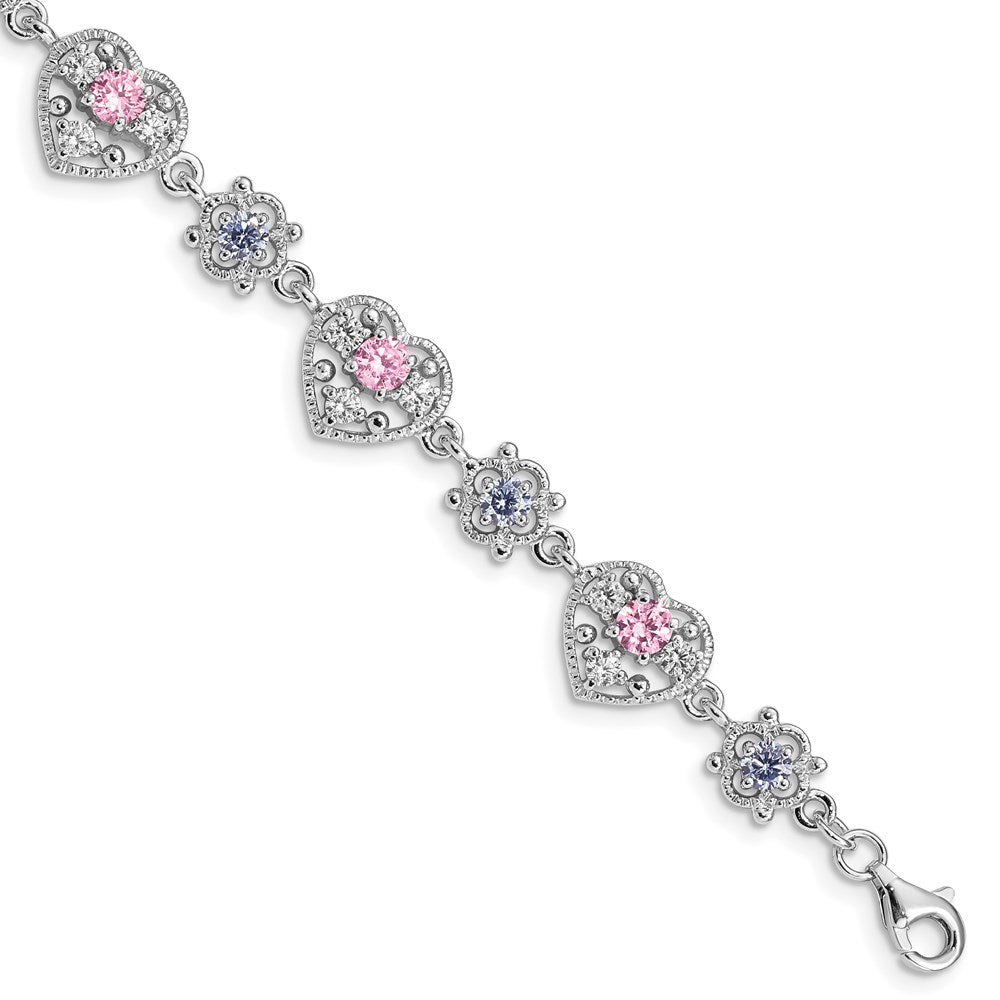 Polished;Sterling silver;CZ;Fancy lobster;Rhodium-plated;Heart;Pink CZ