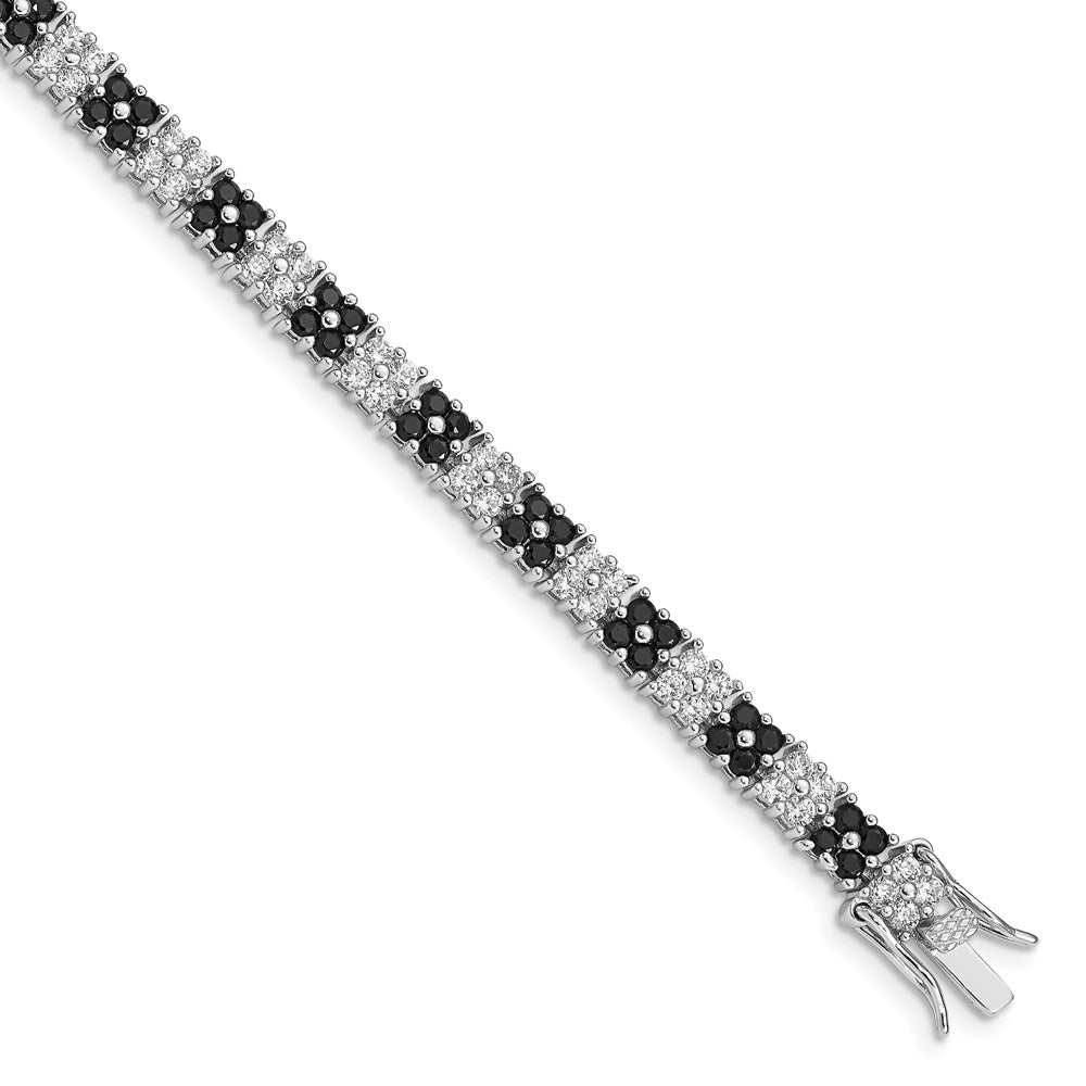 Polished;Open back;Sterling silver;CZ;Box catch;Rhodium-plated;Black
