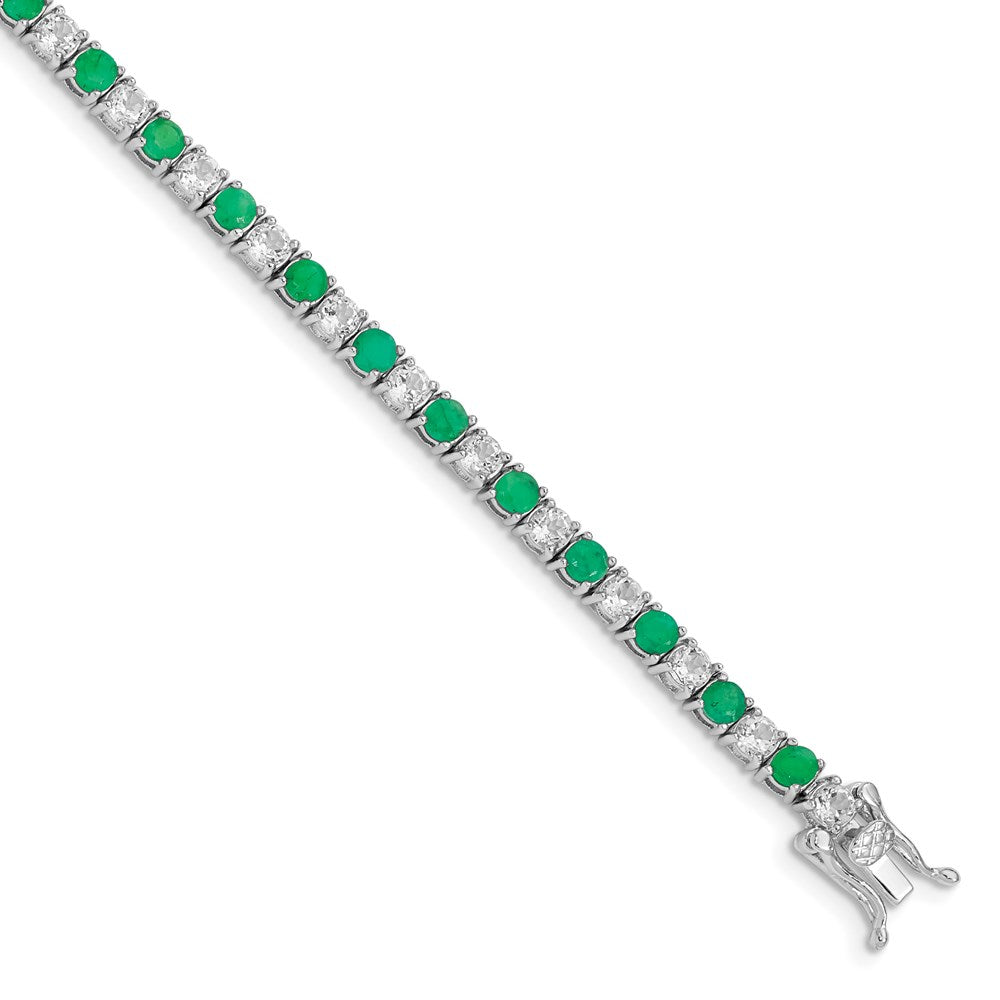 Polished;Genuine;Sterling silver;Emerald;Box catch;Rhodium-plated;White topaz