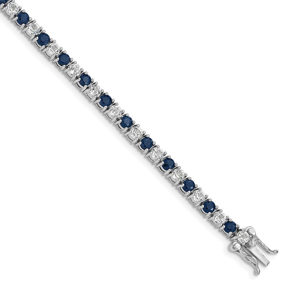 Polished;Genuine;Sterling silver;Sapphire;Box catch;Rhodium-plated;White topaz