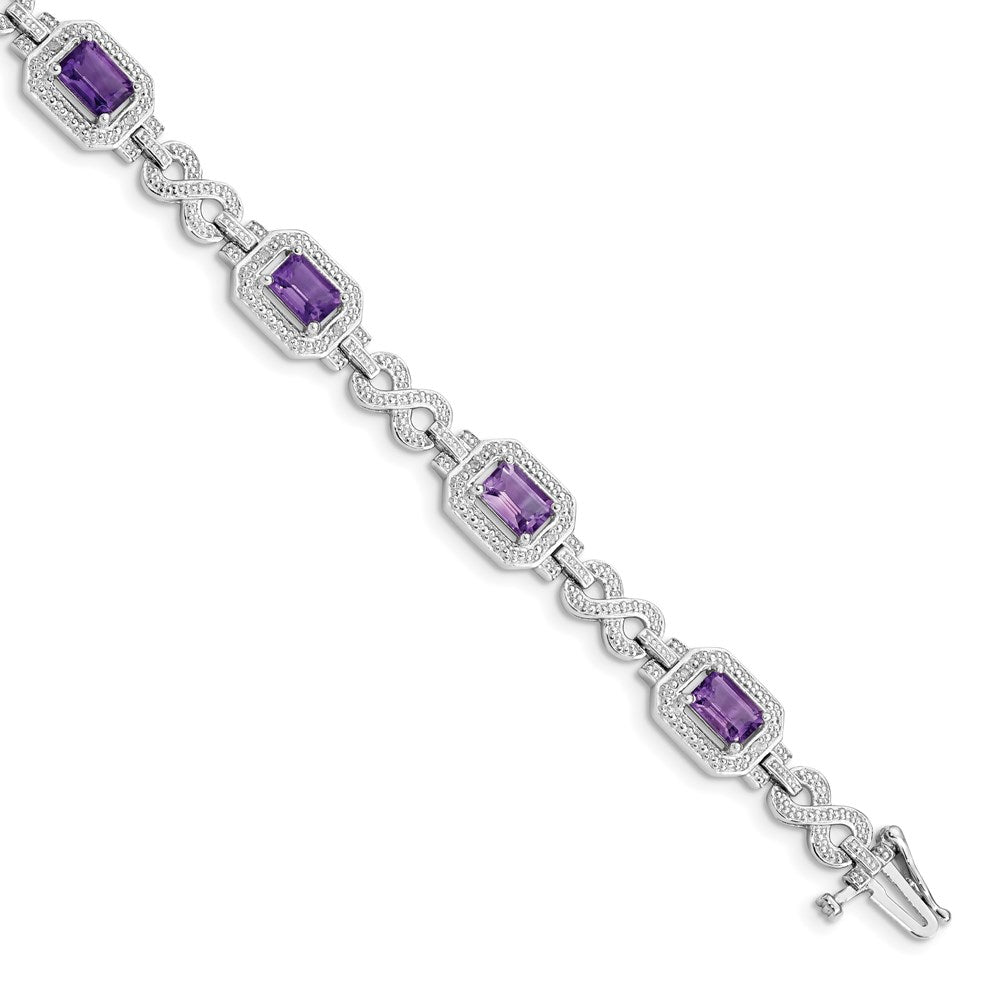 Polished;Sterling silver;Amethyst;Diamond;Box catch;Textured;Rhodium-plated