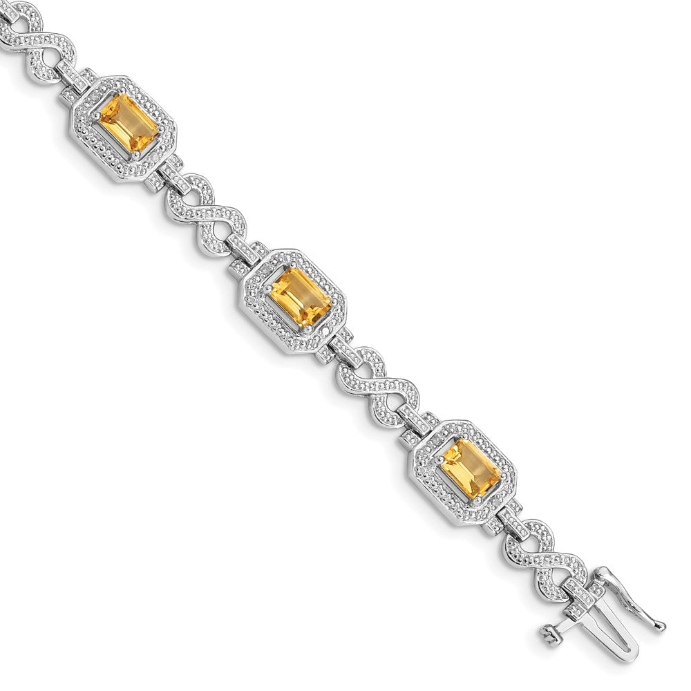 Polished;Sterling silver;Citrine;Diamond;Box catch;Textured;Rhodium-plated