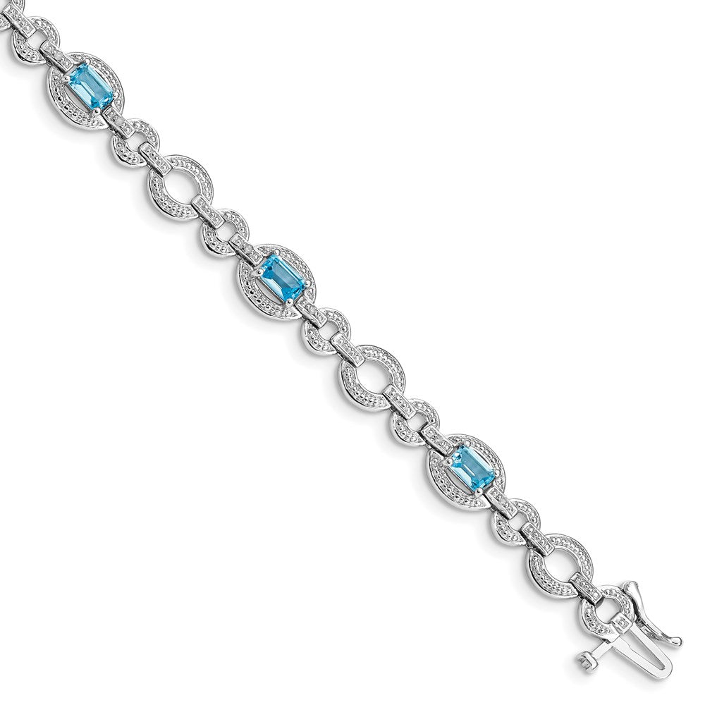 Polished;Sterling silver;Blue topaz;Diamond;Box catch;Textured;Rhodium-plated