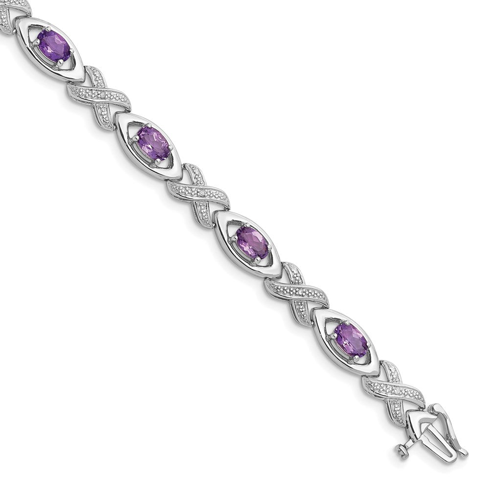 Polished;Sterling silver;Amethyst;Diamond;Box catch;Textured;Rhodium-plated