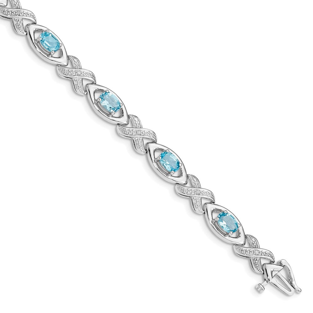 Polished;Sterling silver;Blue topaz;Diamond;Box catch;Textured;Rhodium-plated