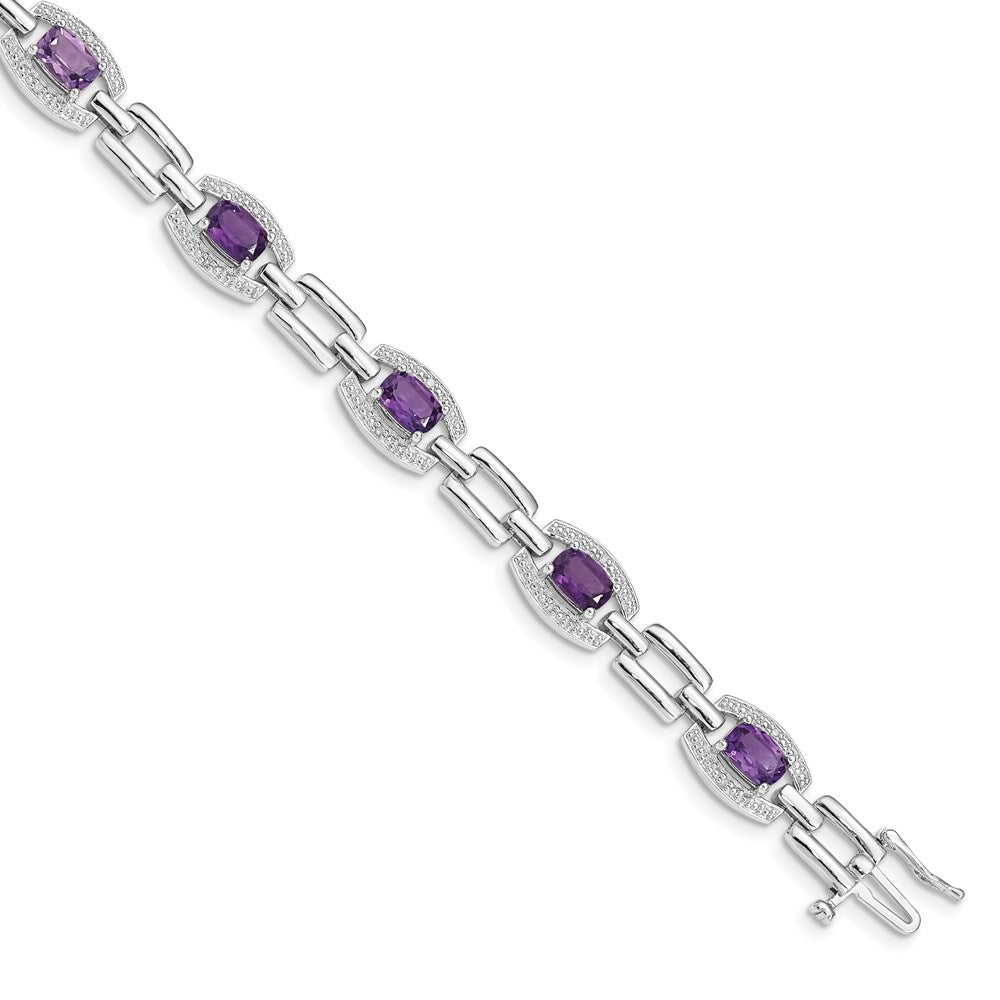 Polished;Sterling silver;Amethyst;Diamond;Box catch;Textured;Rhodium-plated
