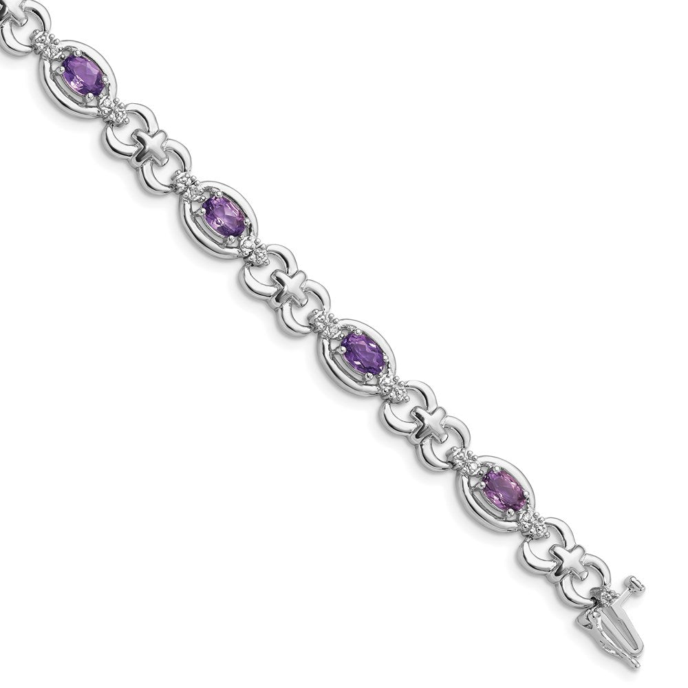 Polished;Sterling silver;Amethyst;Diamond;Box catch;Rhodium-plated