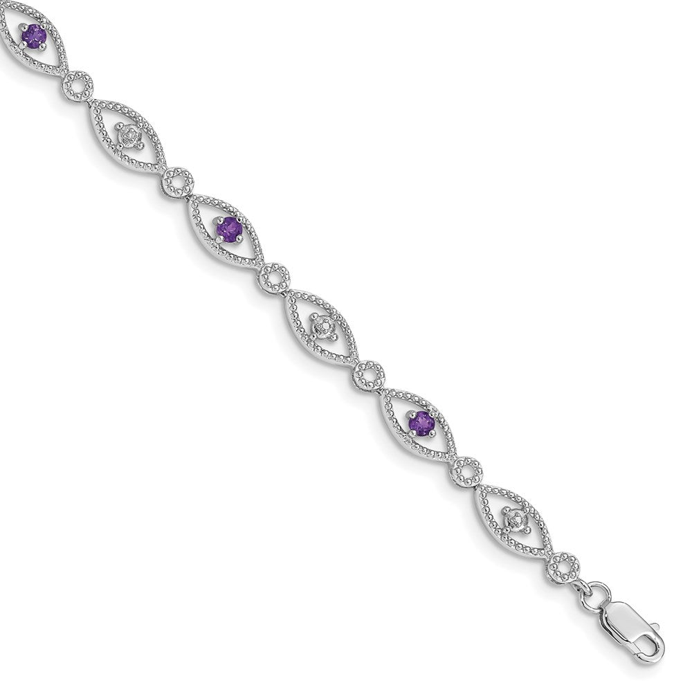 Polished;Lobster;Sterling silver;Amethyst;Diamond;Textured;Rhodium-plated