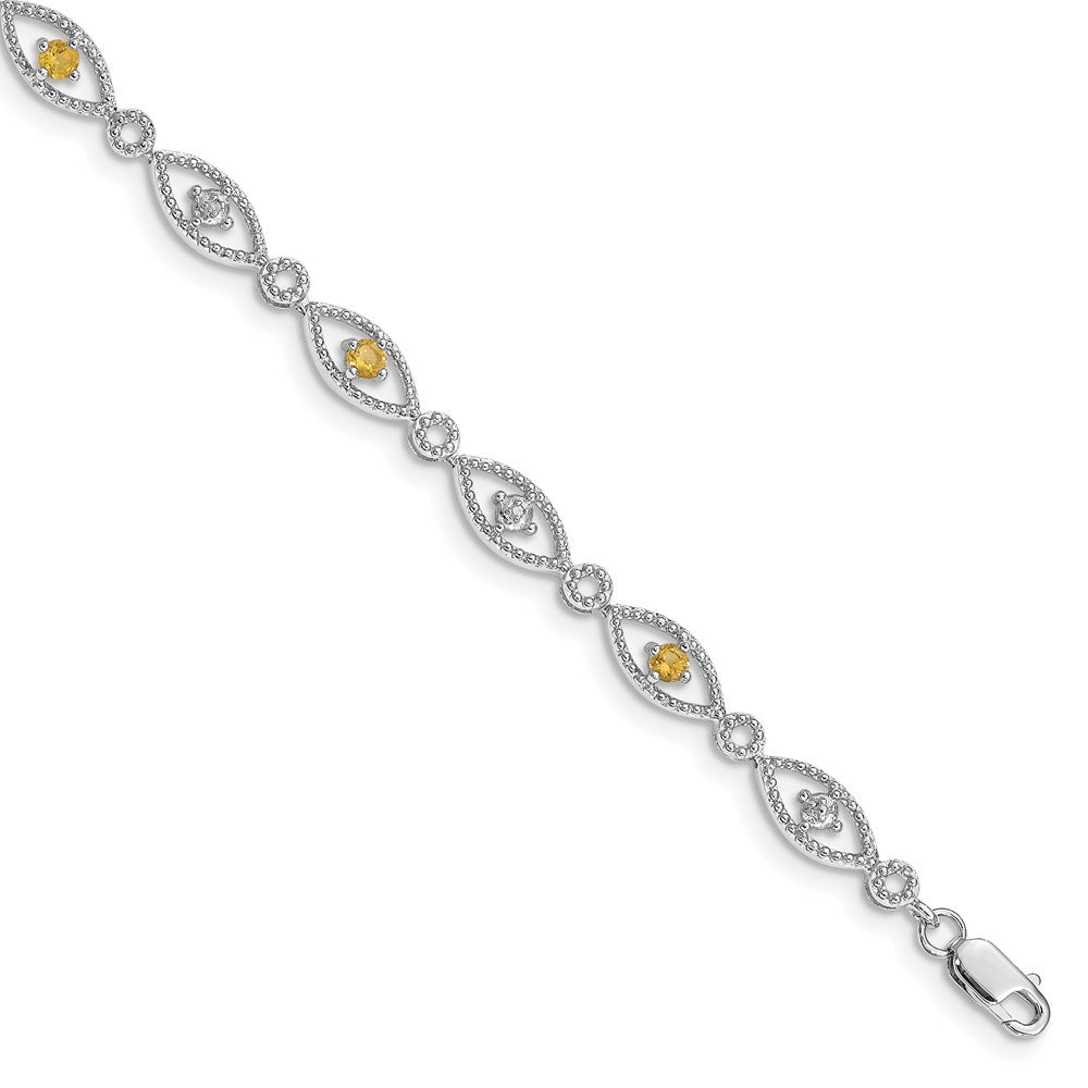 Polished;Open back;Lobster;Sterling silver;Citrine;Diamond;Textured;Rhodium-plated