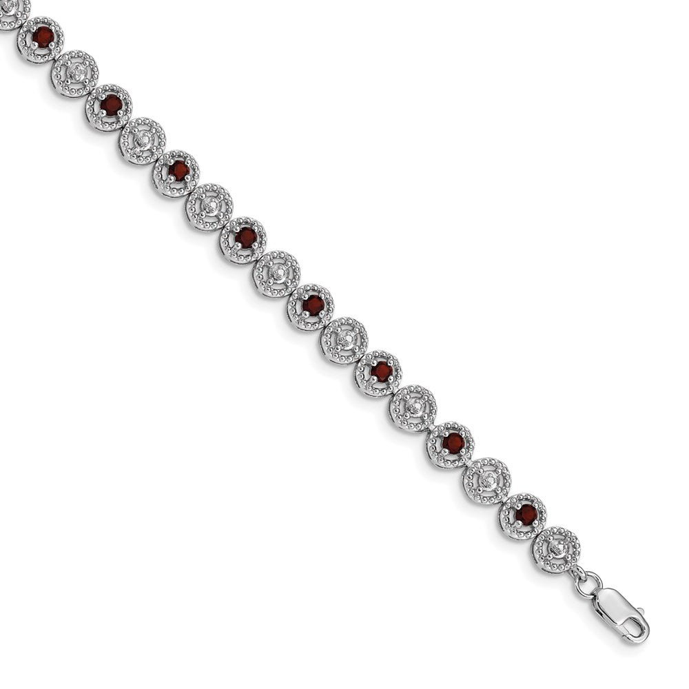 Polished;Open back;Lobster;Sterling silver;Diamond;Garnet;Rhodium-plated