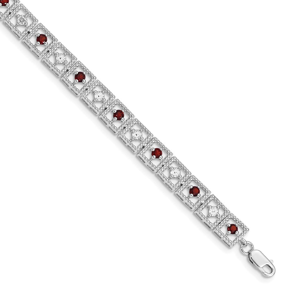 Polished;Open back;Lobster;Sterling silver;Diamond;Garnet;Textured;Rhodium-plated