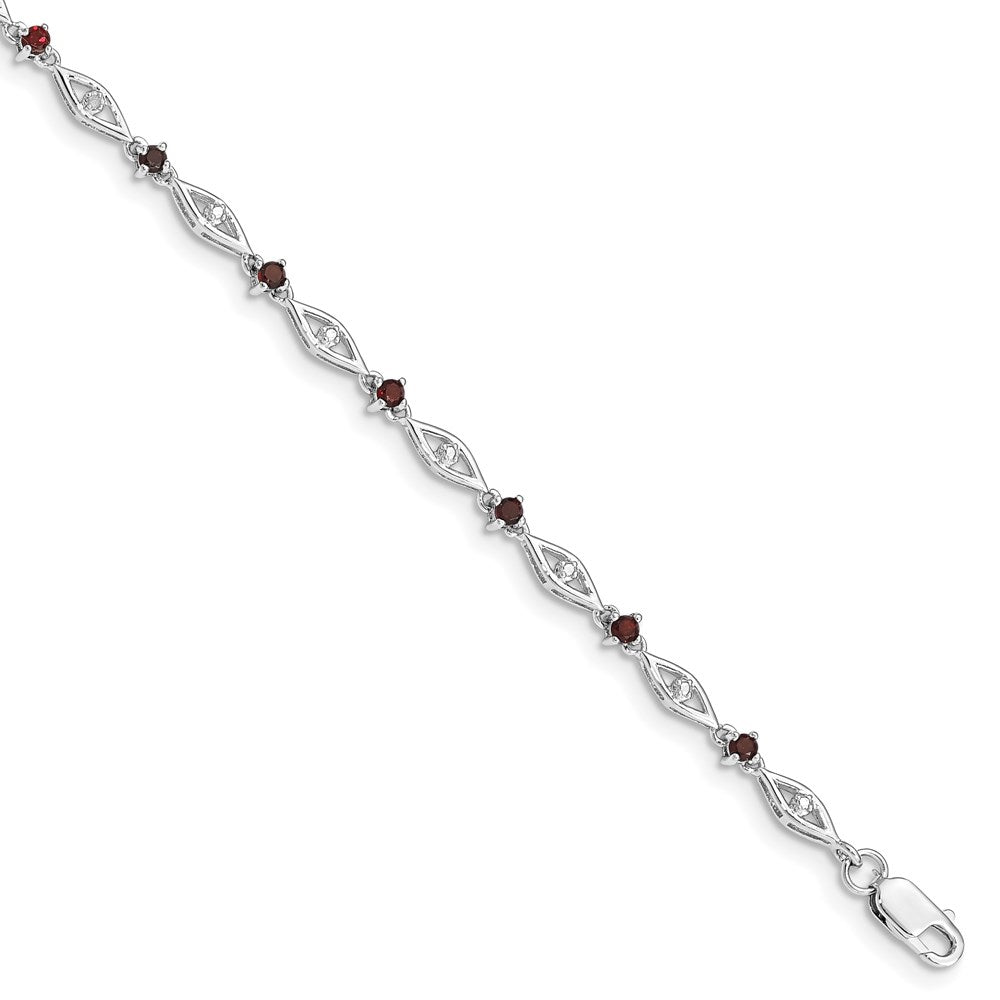 Polished;Open back;Lobster;Sterling silver;Diamond;Garnet;Rhodium-plated