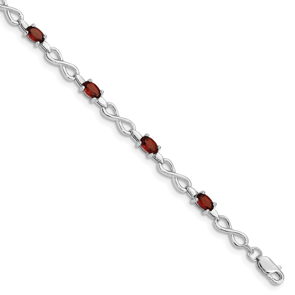Polished;Open back;Lobster;Sterling silver;Garnet;Rhodium-plated