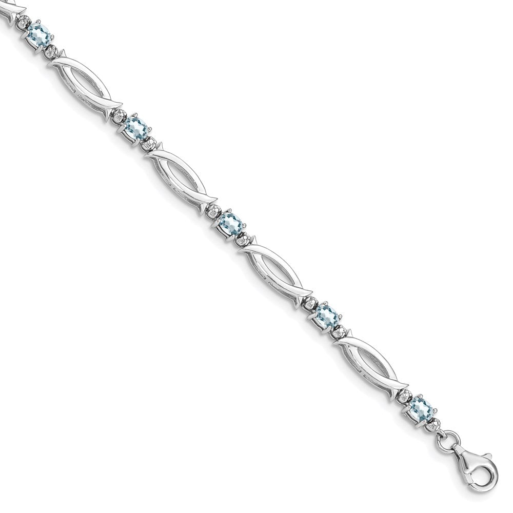 Polished;Sterling silver;Aquamarine;Diamond;Fancy lobster;Rhodium-plated