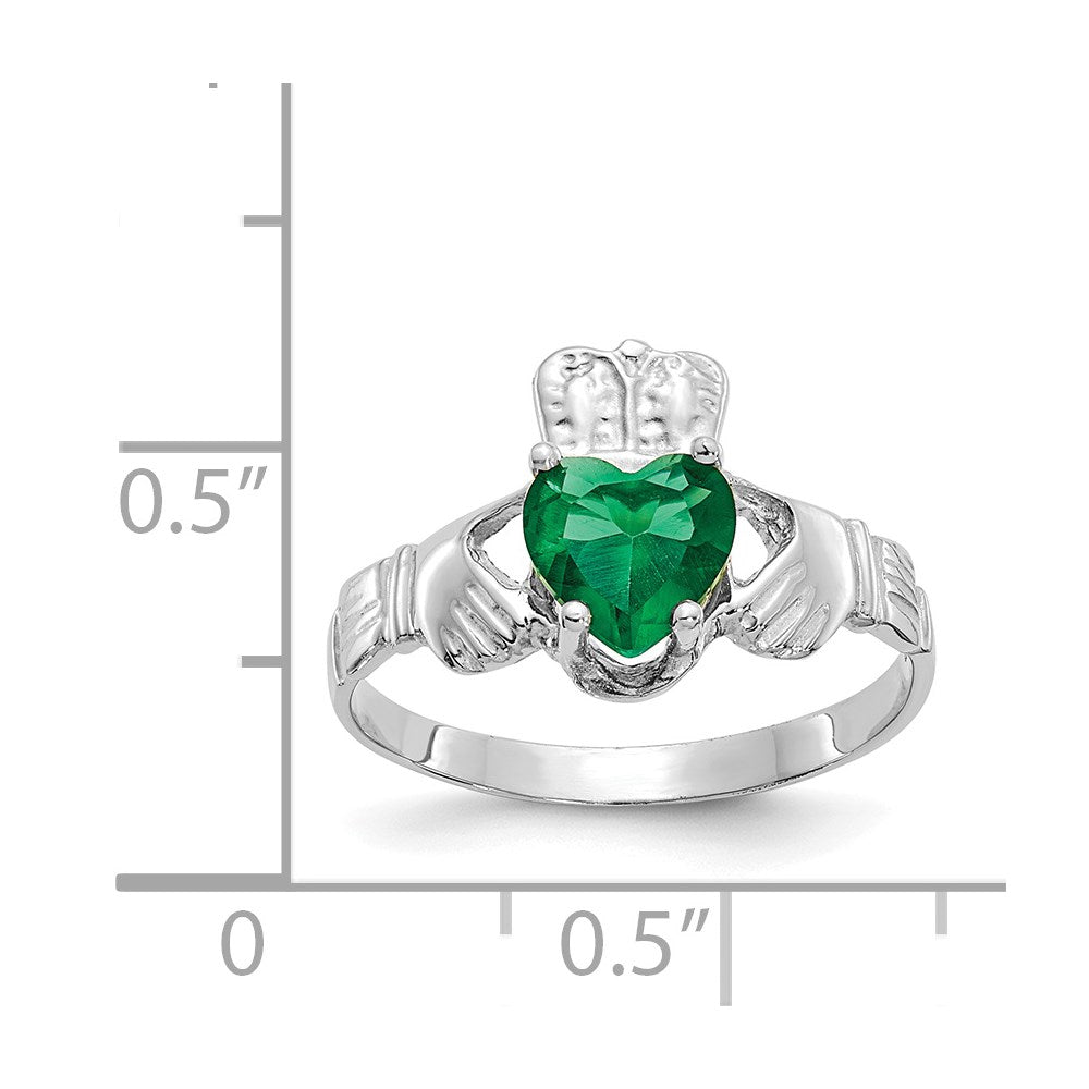 14k White Gold May CZ Heart Birthstone Claddagh Ring