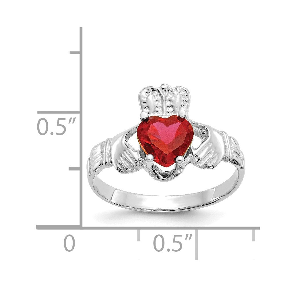 14k White Gold July CZ Heart Birthstone Claddagh Ring