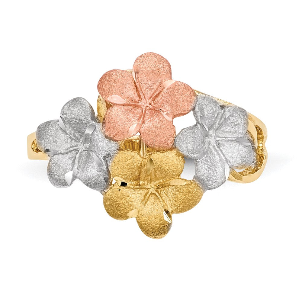 14k Two-tone w/White Rhodium Polished & Satin D/C 4-Plumeria Ring