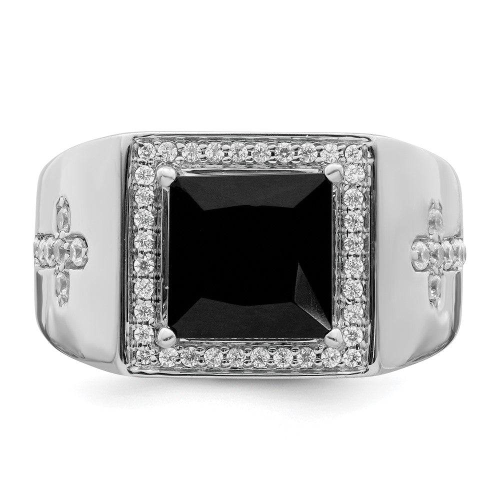 14k White Gold Onyx and Diamond Cross Mens Ring