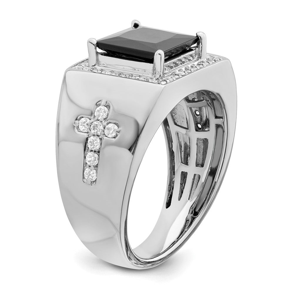 14k White Gold Onyx and Diamond Cross Mens Ring